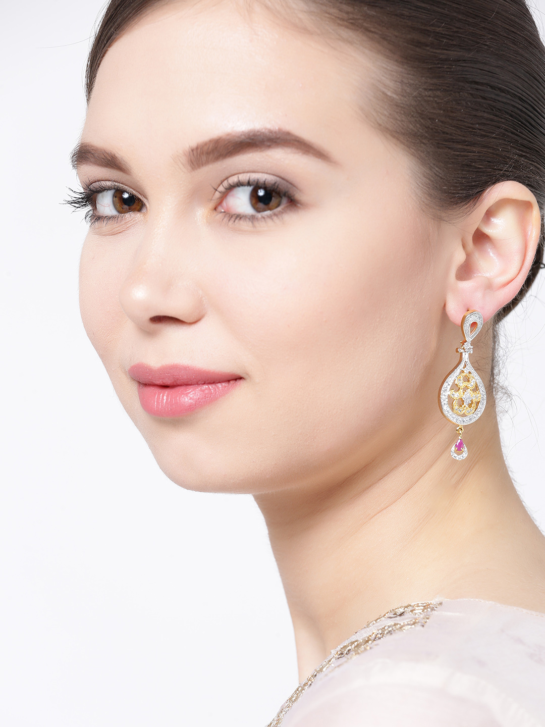 YouBella Silver-Toned  Gold-Toned Teardrop Shaped Drop Earrings